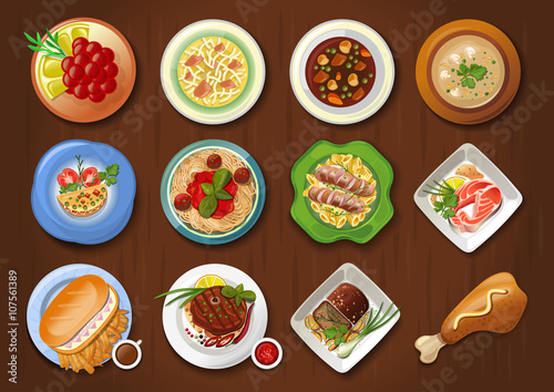 Dishes icon set. Set of traditional food icons. Vector illustration
