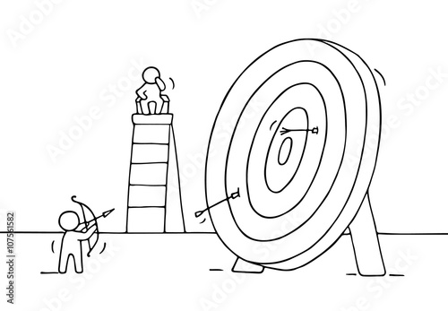 Sketch of archer and target with little people. Doodle cute miniature of circle target and preparing for target hit. Hand drawn cartoon vector illustration for business design.