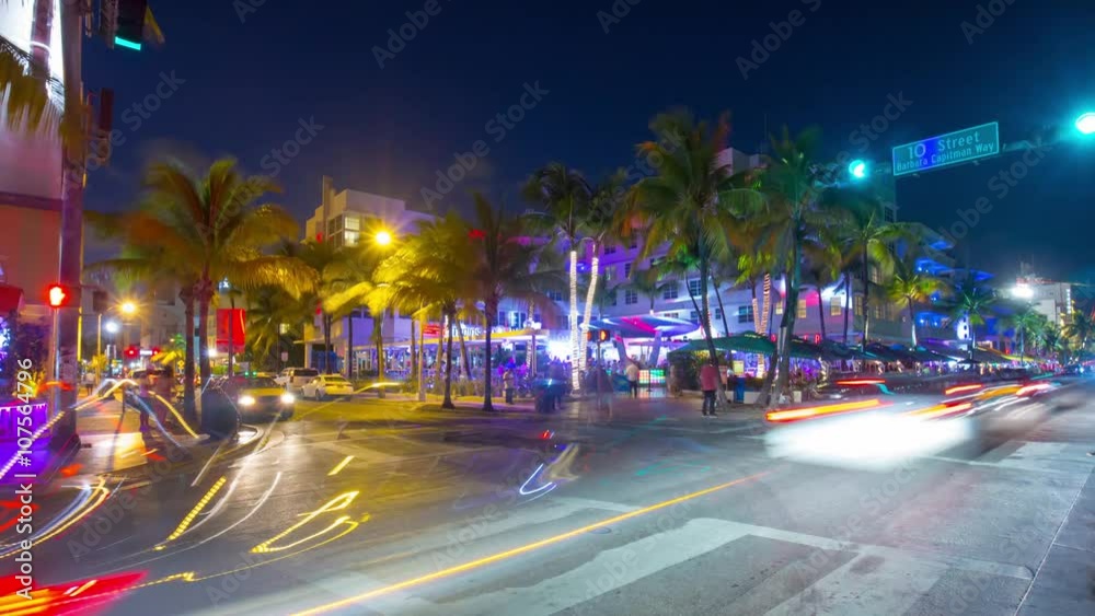 night light miami south beach ocean drive traffic crossroad 4k time lapse usa
