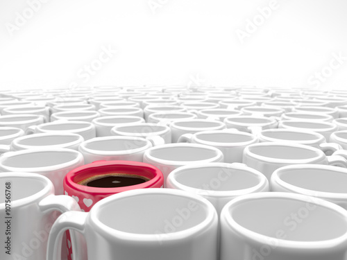 an array of shiny white mugs and one red mug  with white hearts filled with coffee - blending into a white background  - with depth of field effect