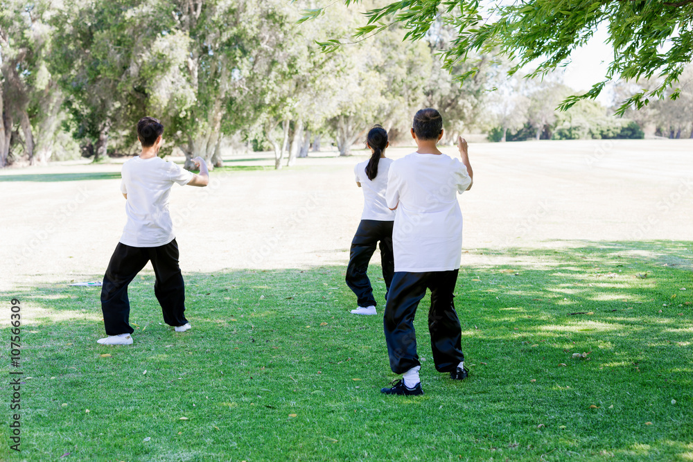 People practicing thai chi in park People practicing thai chi in park