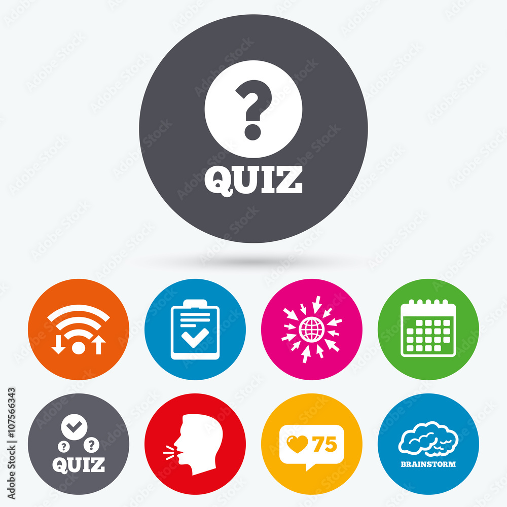 Quiz icons. Checklist and human brain symbols. Quiz icons. Checklist and human brain symbols.