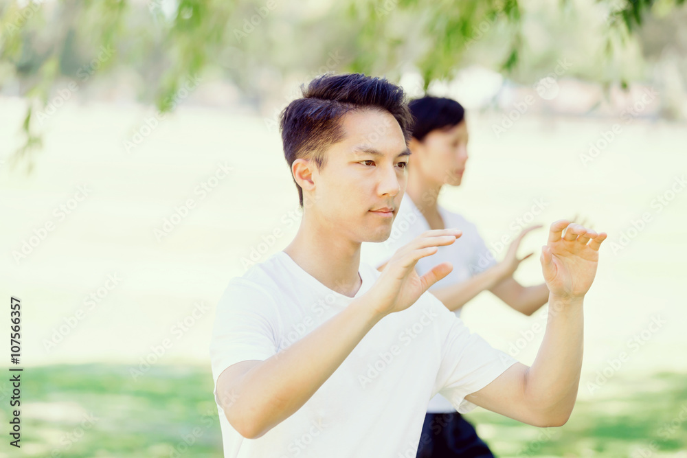 People practicing thai chi in park