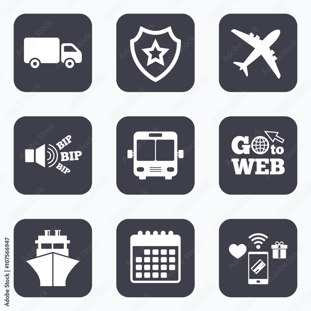 Transport icons. Truck, Airplane, Bus and Ship.