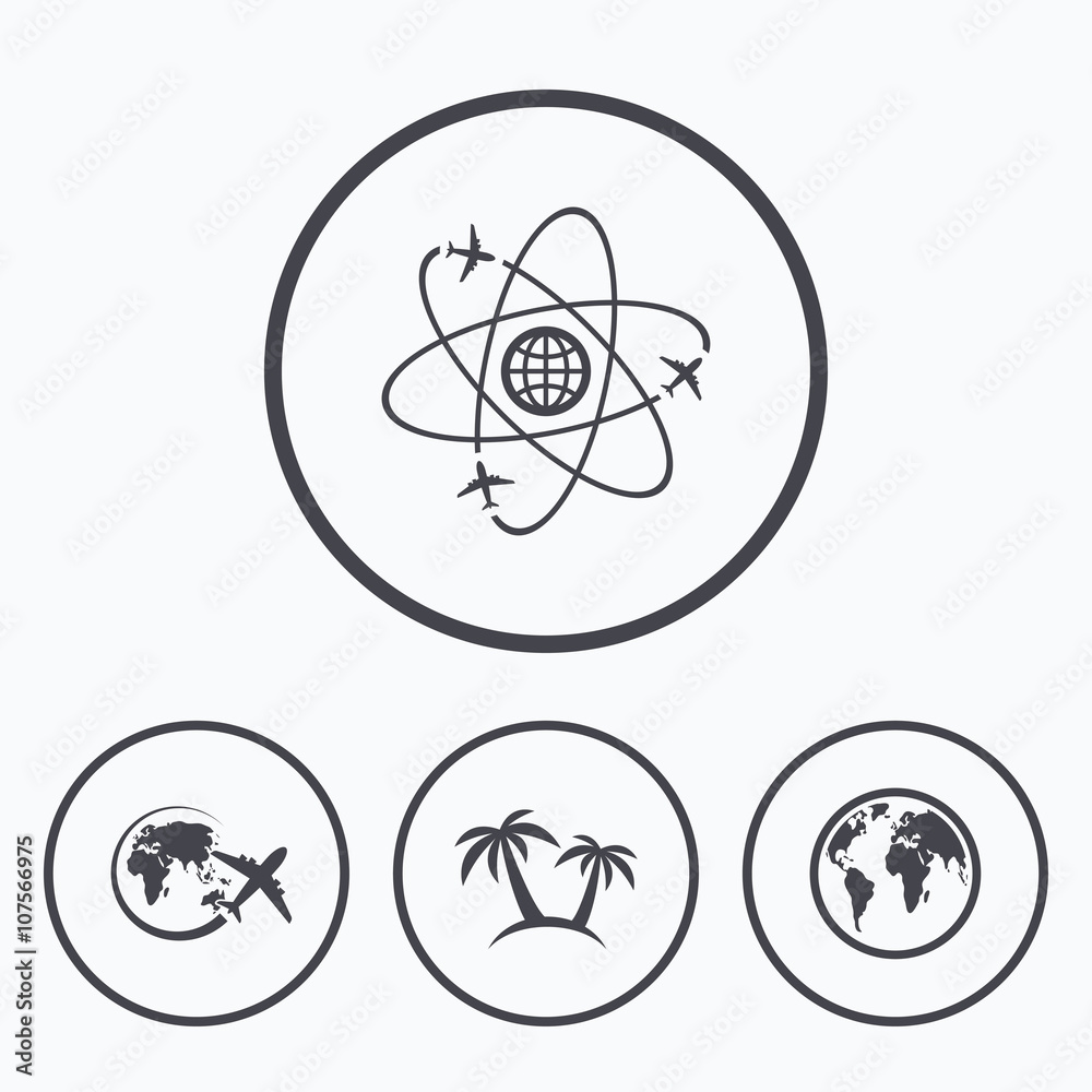 Travel trip icon. Airplane, world globe symbols. Travel trip icon. Airplane, world globe symbols.