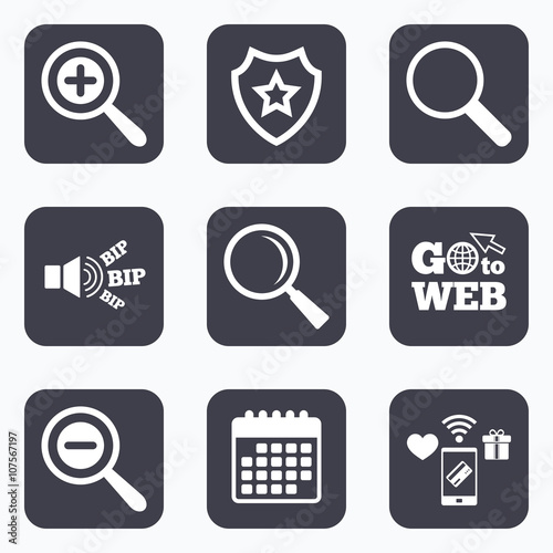 Magnifier glass icons. Plus and minus zoom tool.