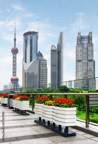 Canvas Print Skyscrapers and outdoor flower pots in downtown of Shanghai