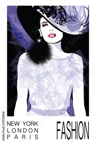 Fashion woman model with a black hat