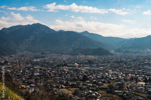 City scape view from Chureito Pagoda near moutain Fuji