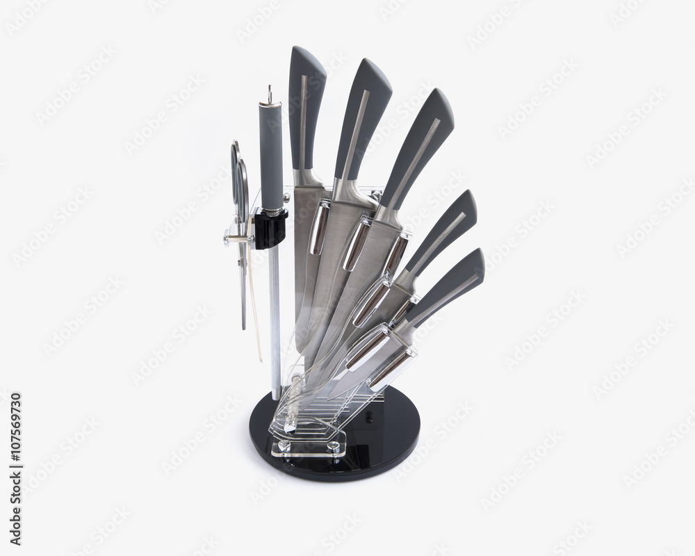 Set of steel kitchen knives, on white back ground. Set of steel kitchen knives, on white back ground.
