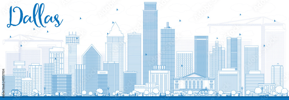 Outline Dallas Skyline with Blue Buildings.
