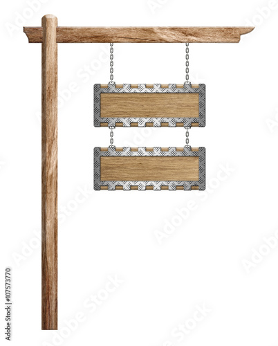 Wood sign hanging suspended with chains on pole