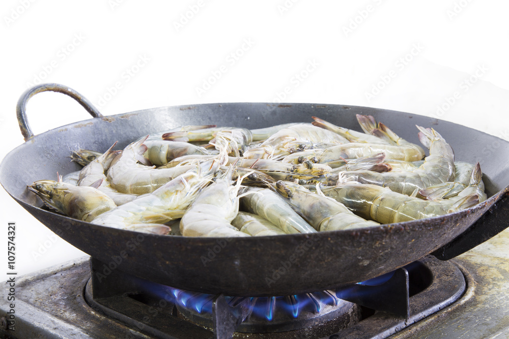 Prepare cooking fried shrimp in old pan and dirty kitchen on gas Prepare cooking fried shrimp in old pan and dirty kitchen on gas