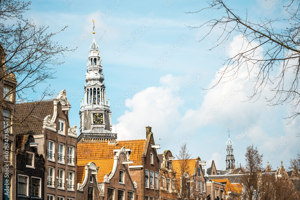 street view of Traditional old buildings in Amsterdam, the Nethe