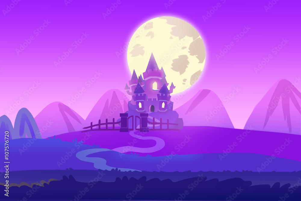 Creative Illustration and Innovative Art: Castle under Full Moon Night. Realistic Fantastic Cartoon Style Artwork Scene, Wallpaper, Story Background, Card Design
