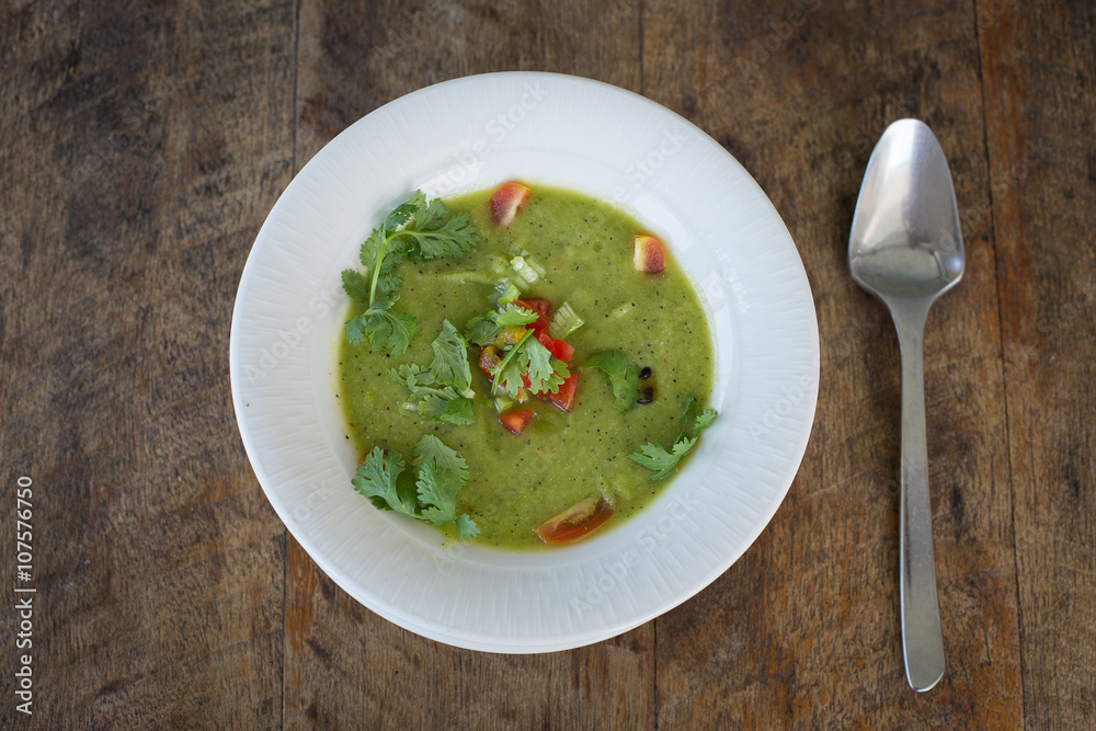 Soup gazpacho on wooden table, close up Soup gazpacho on wooden table, close up