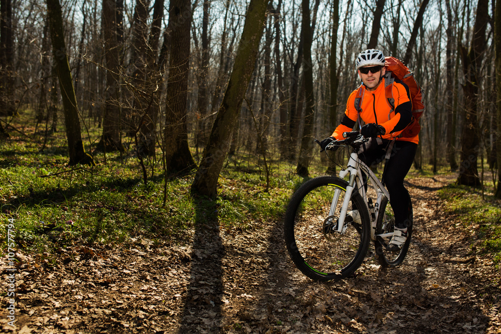 Mountain biker riding on bike in springforest landscape. Mountain biker riding on bike in springforest landscape.