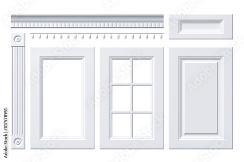 Front door, drawer, column, cornice for kitchen cabinet isolated on white