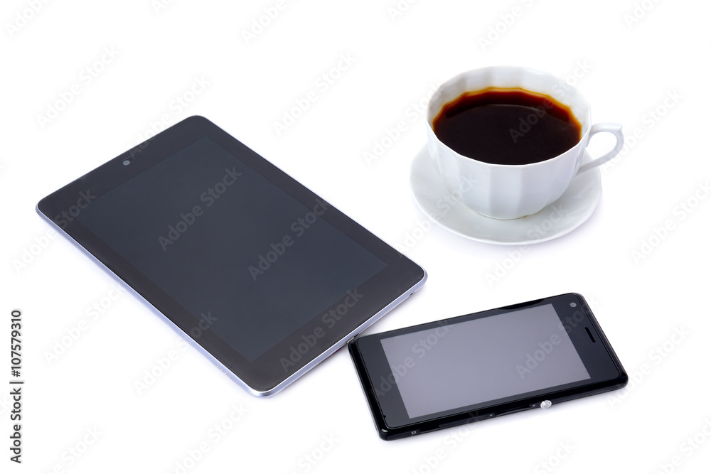 mobile phone, tablet and coffee cup isolated on white background mobile phone, tablet and coffee cup isolated on white background