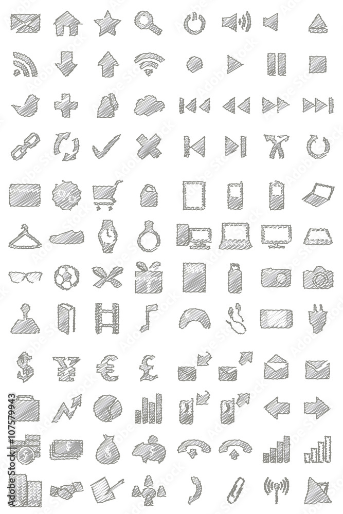 96 Icons Set Pencil Style Silver