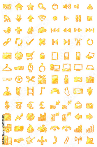 96 Icons Set Pencil Style Golden