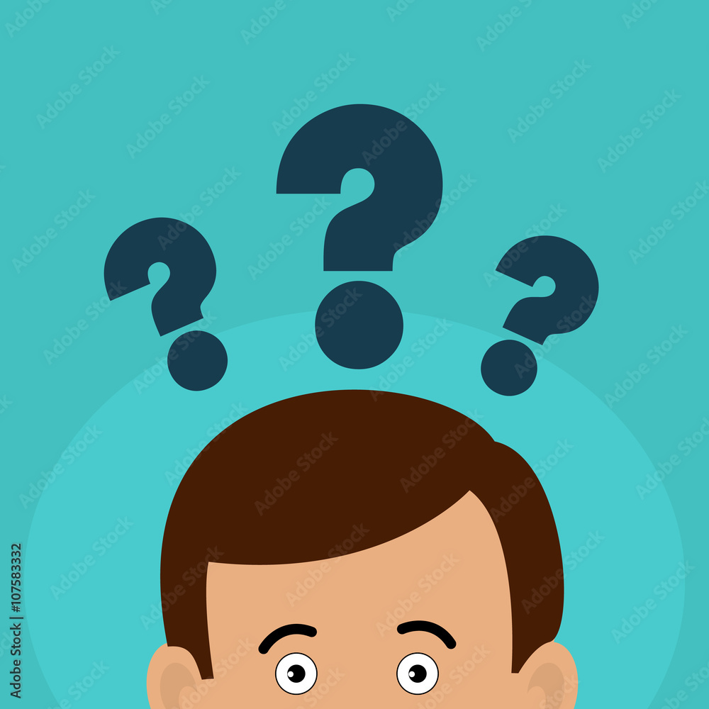 Man thinks about a problem, the question marks over their heads. Flat style. Man thinks about a problem, the question marks over their heads. Flat style.