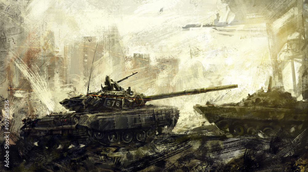 Fototapeta Wojna, czołg bojowy. Sztuka cyfrowa. Obraz cyfrowy jest rysowany w edytorze cyfrowym, za pomocą pędzli autora.