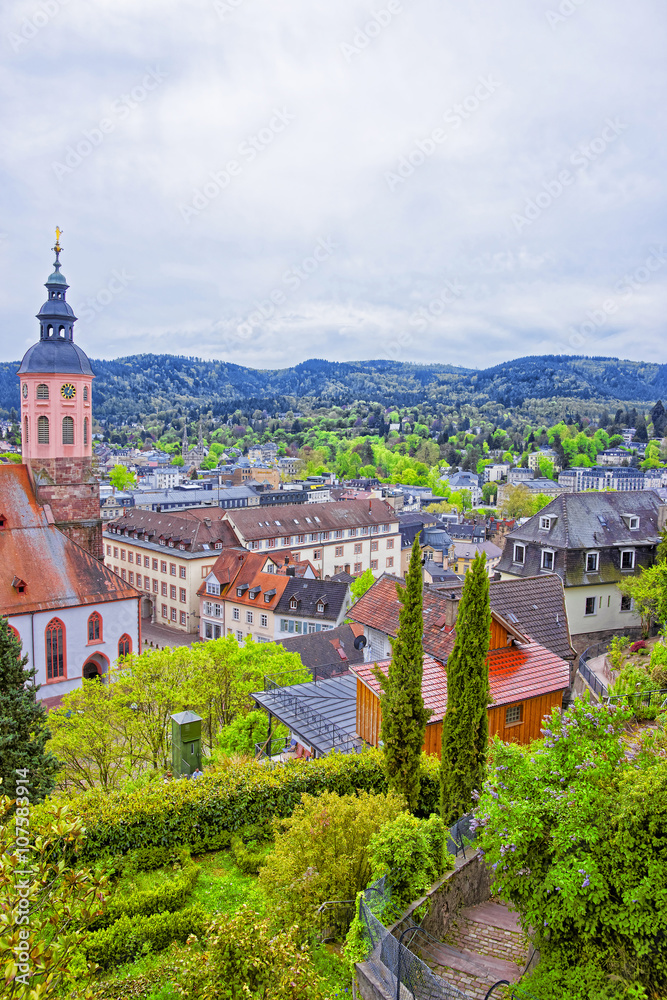 Panoramic view of Baden-Baden church Stiftskirche and the city