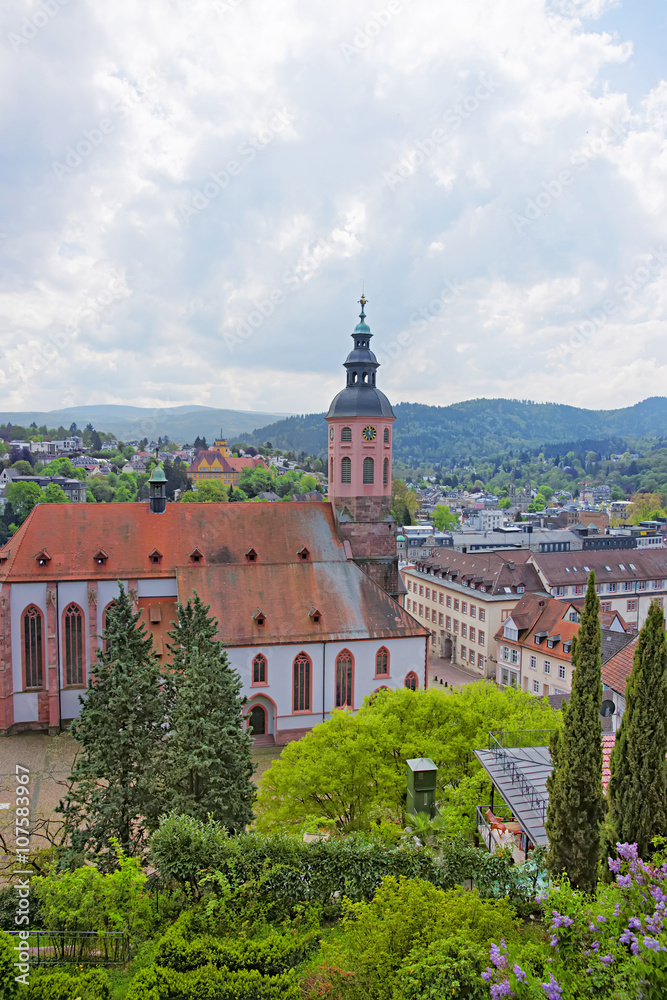 Panoramic view on Baden-Baden church Stiftskirche and the city