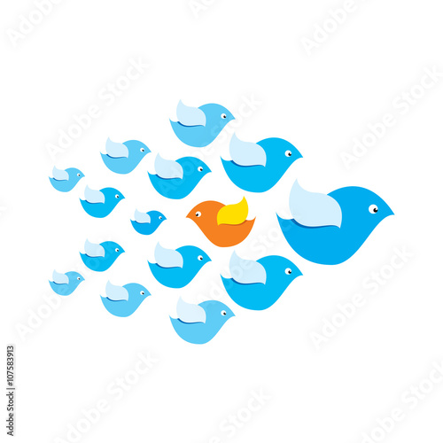 one bird fly opposite direction to group of bird , different path of success concept design
