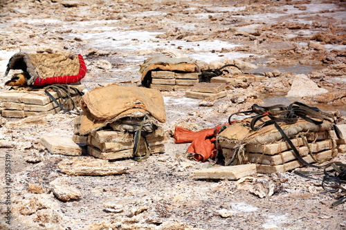 Stacks of amole-salt slabs ready to be loaded. Danakil-Ethiopia. 0350 photo