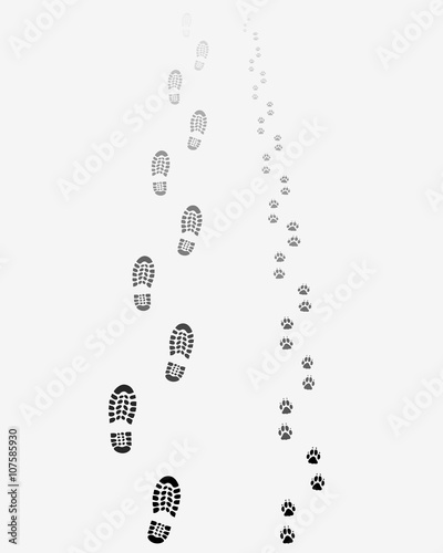 Black footprints of man and dog, vector