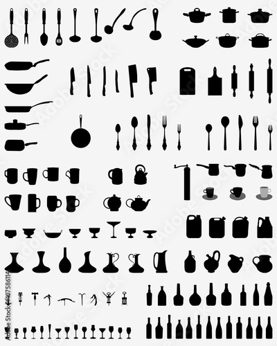 Black silhouettes of kitchenware on a white background, vector