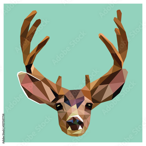 Deer colorful low poly design isolated on blue background with white outline. Animal portrait card design. Background with wild animal. Vector ilustration deer with horns.