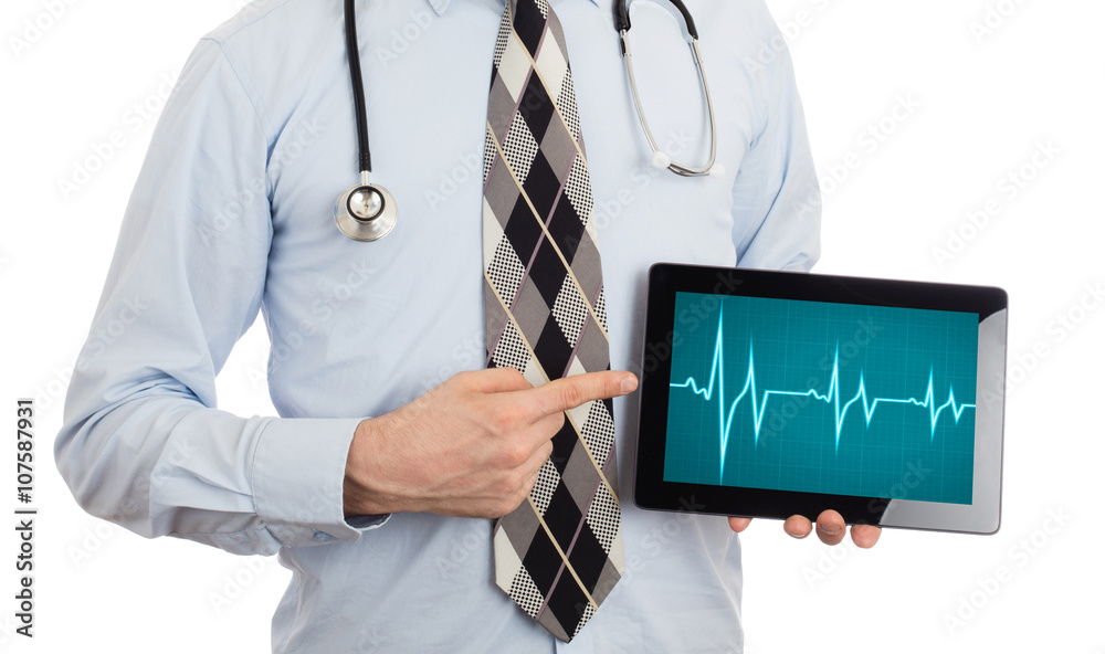 Doctor holding tablet - Heartbeat graph Doctor holding tablet - Heartbeat graph