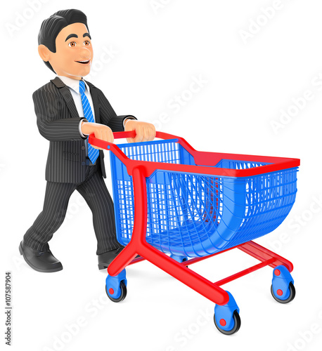 3D Businessman pushing a shopping cart