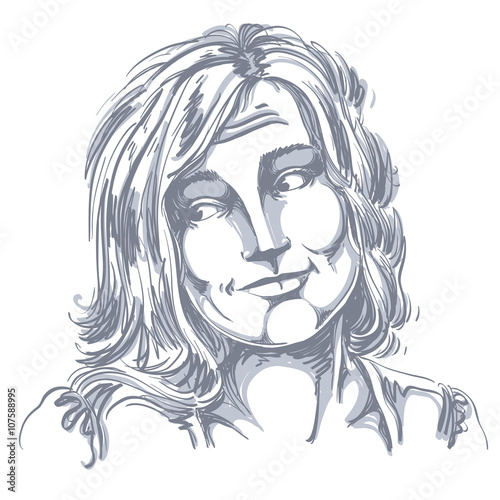 Monochrome vector hand-drawn image, blameworthy young woman. 