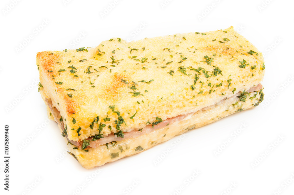 Croque monsieur with ham and cheese sandwich on white isolated