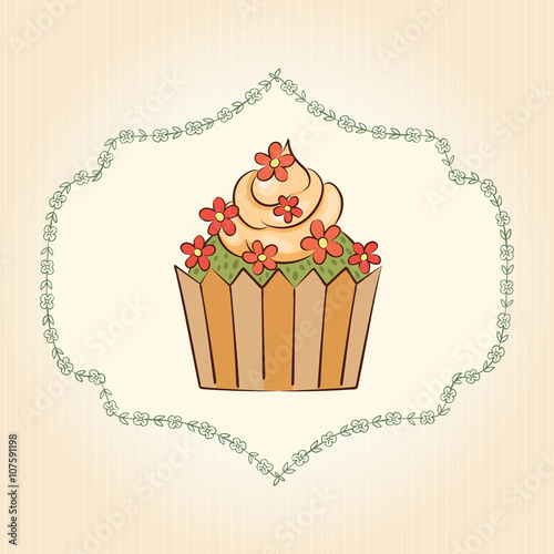 Vector cupcake with flowers and leaves. Ideal for posters, advertisements, announcements, labels, banner, menu for cafe and restaurants. Vector illustration