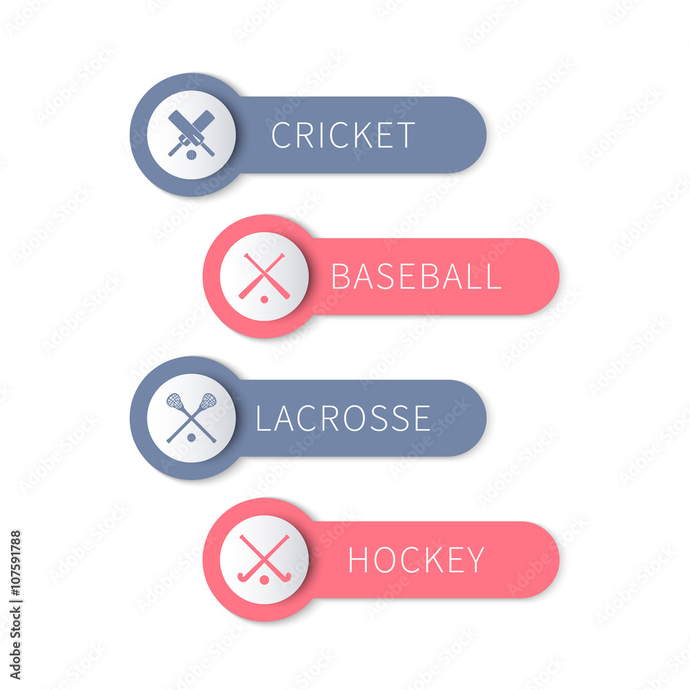 Cricket, baseball, lacrosse, field hockey, team sports labels and banners isolated on white, vector illustration Cricket, baseball, lacrosse, field hockey, team sports labels and banners isolated on white, vector illustration