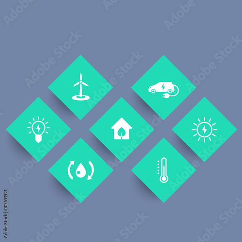 Green ecologic house icons, ecofriendly solutions, energy saving technologies, geometric icons set, vector illustration