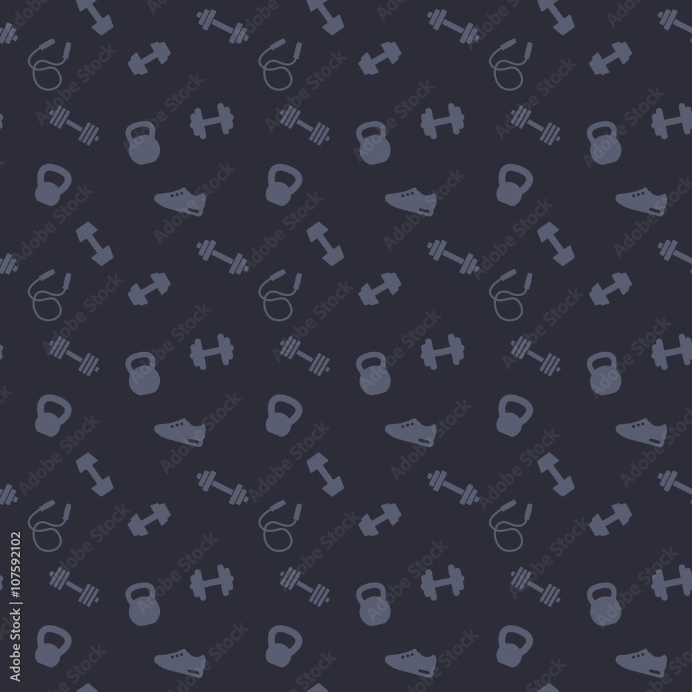 seamless pattern with gym icons, dumbbells, kettlebells, jumping rope, training shoe, dark pattern, vector illustration seamless pattern with gym icons, dumbbells, kettlebells, jumping rope, training shoe, dark pattern, vector illustration