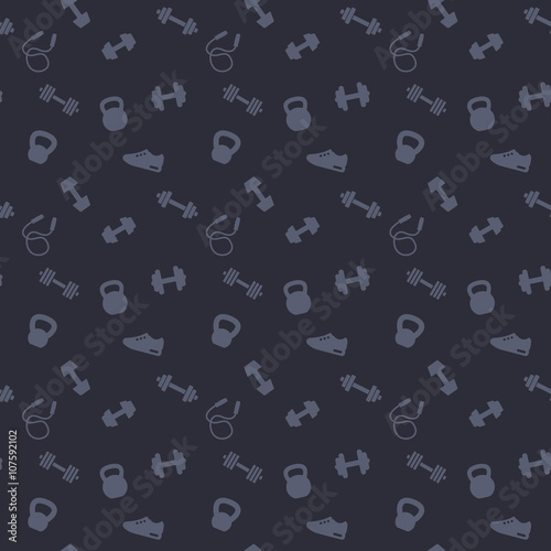 seamless pattern with gym icons, dumbbells, kettlebells, jumping rope, training shoe, dark pattern, vector illustration