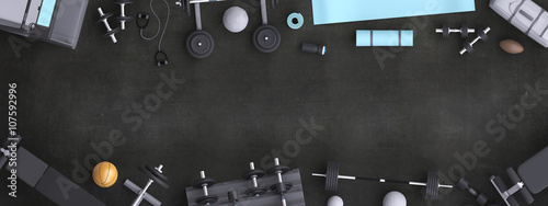 Branding mock up floor room with sports equipment.