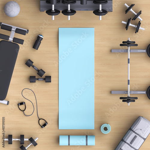 Branding mock up floor room with sports equipment.