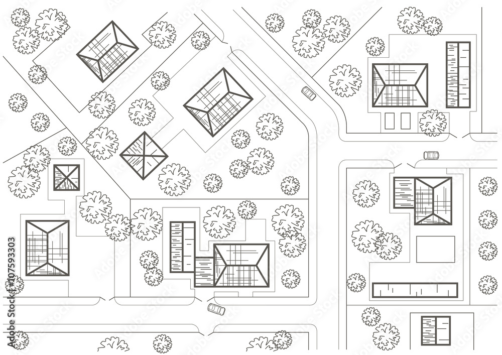 Linear architectural sketch general plan of village