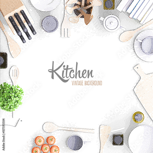 Background with kitchen appliances in engraving style.