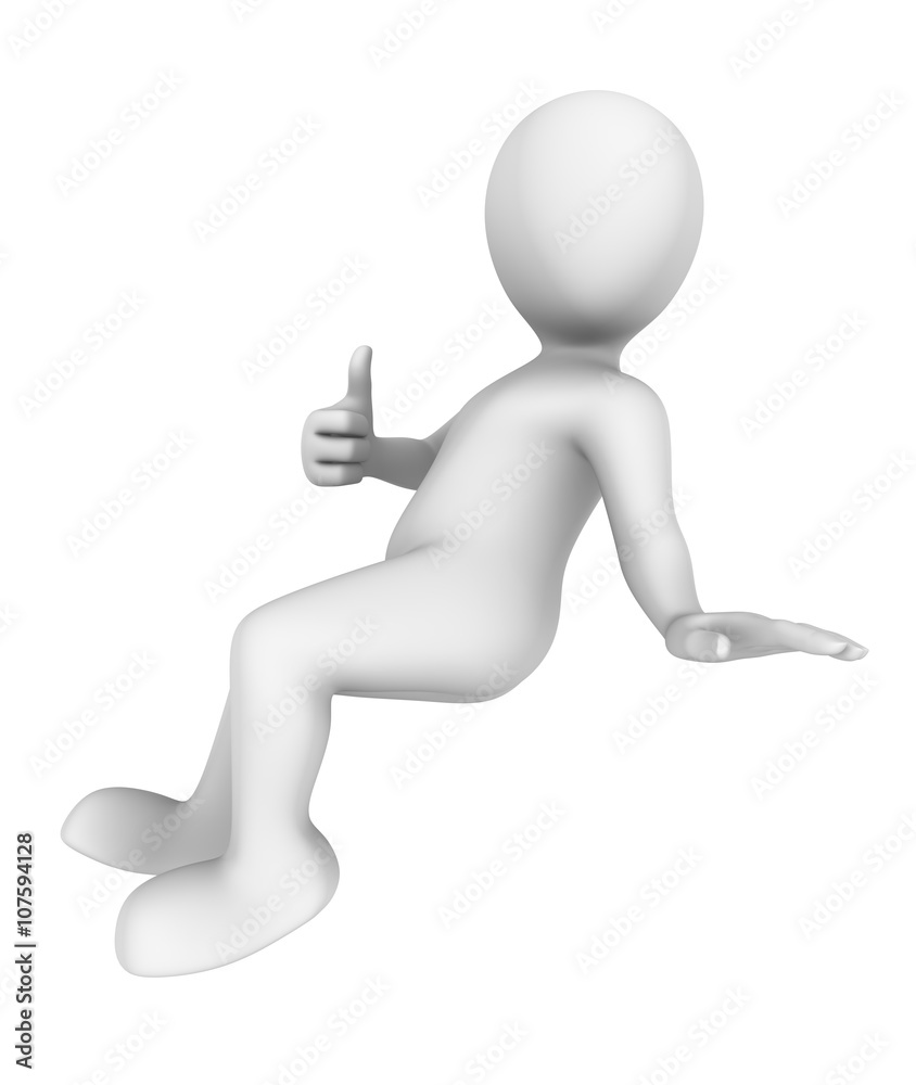3d man shows thumbs up gesture and sit 3d man shows thumbs up gesture and sit