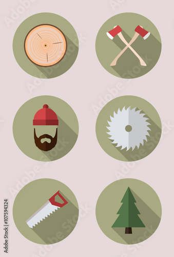 Lumberjack and sawmill icon set