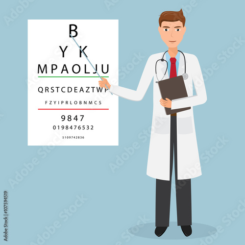 handsome man doctor character- optometrist points to the table f